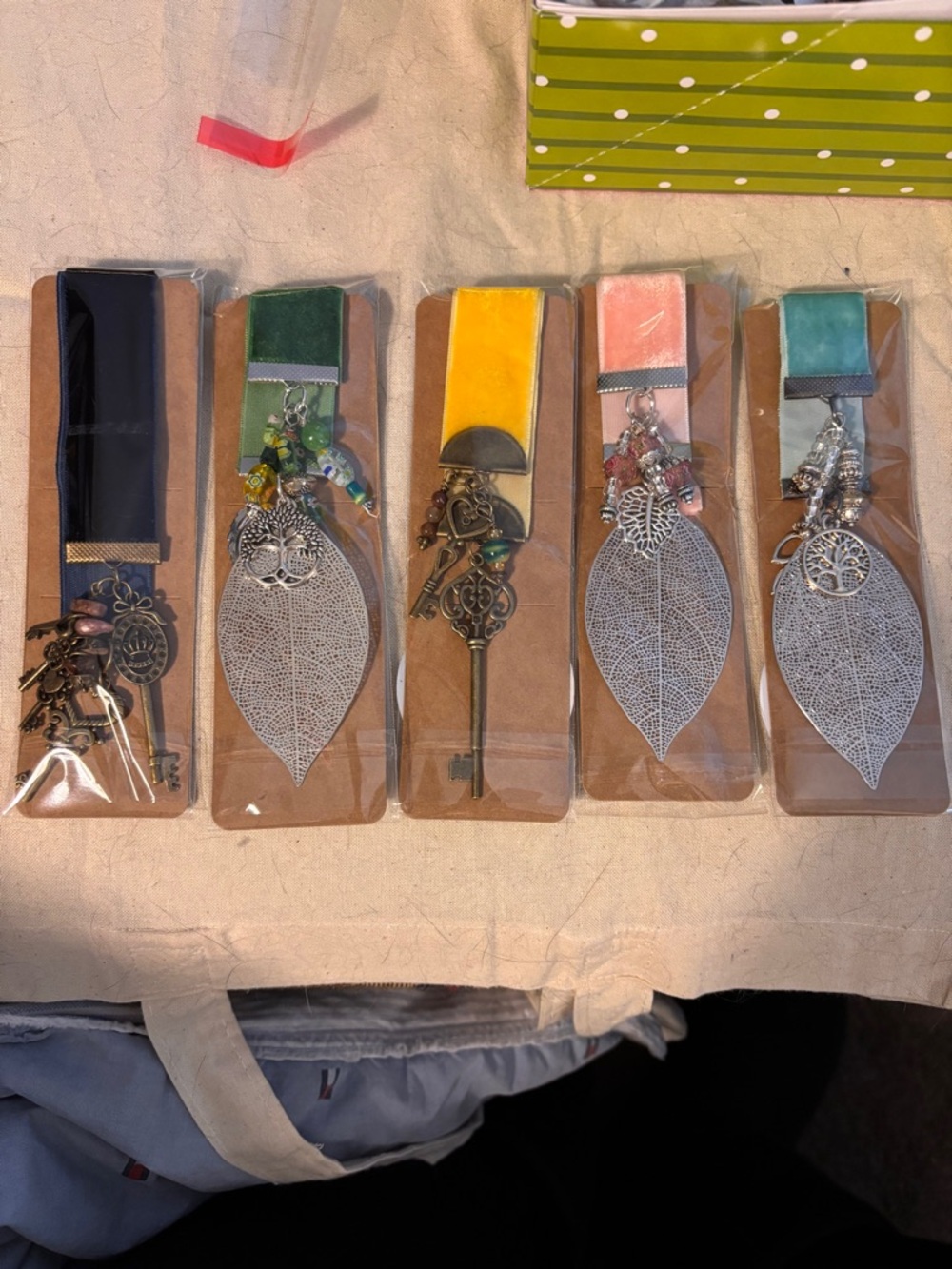 Handmade Velvet Bookmark with Leaf & Key Charms - Assorted Colors